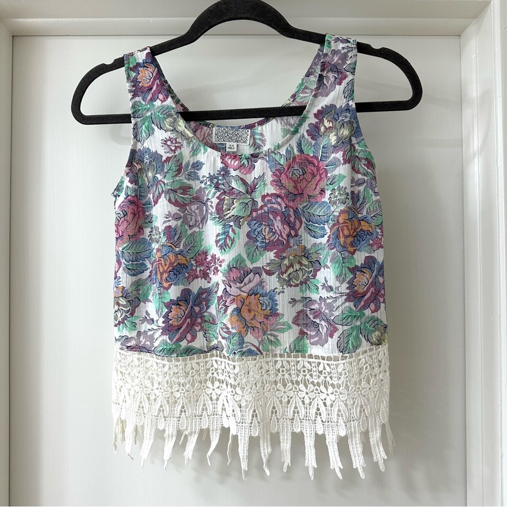 Lucca Couture Multicolor Floral Tank Top Blouse with Embroidered Fringe, Size XS